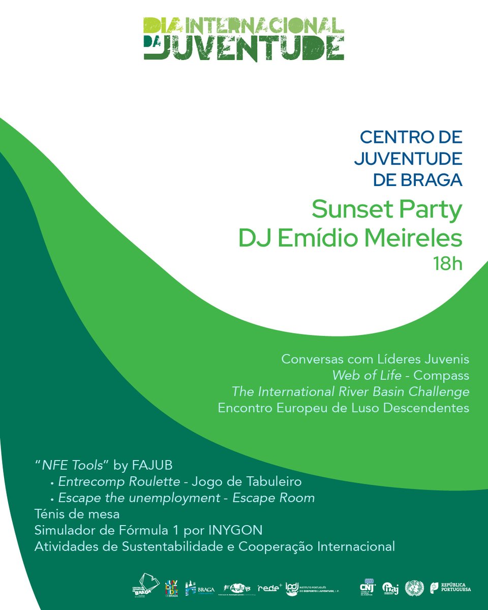 Para celebrar o Dia Internacional da Juventude, estaremos presentes na Sunset Party no Centro de Juventude de Braga, amanhã, pelas 18h!

Para além de todas as actividades, podem também contar com FIFA 23 e um simulador de Fórmula 1. 

Contamos com a vossa presença!