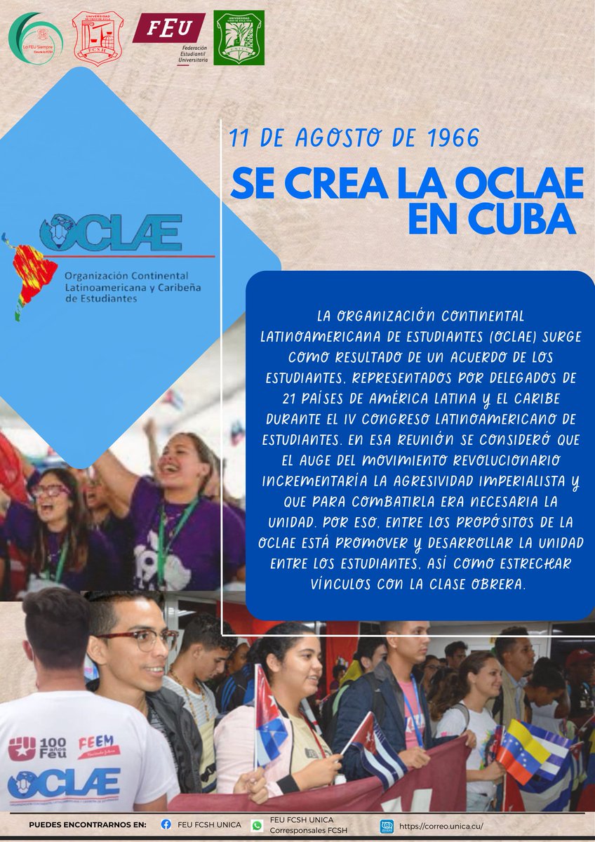 KevinDelgadolv2's tweet photo. Desde la #FEU_FCSH y el Boletín #LaFEUSiempre saludamos el #57_OCLAE #EnPieDeLucha junto al movimiento estudiantil de América Latina. Por una educación gratuita y de calidad en contra del imperialismo, y el neoliberalismo. 
#GuerrerosDeLaUNICA
#OCLAEConFidel
#FidelPorSiempre https://t.co/VjVI9DU3WW