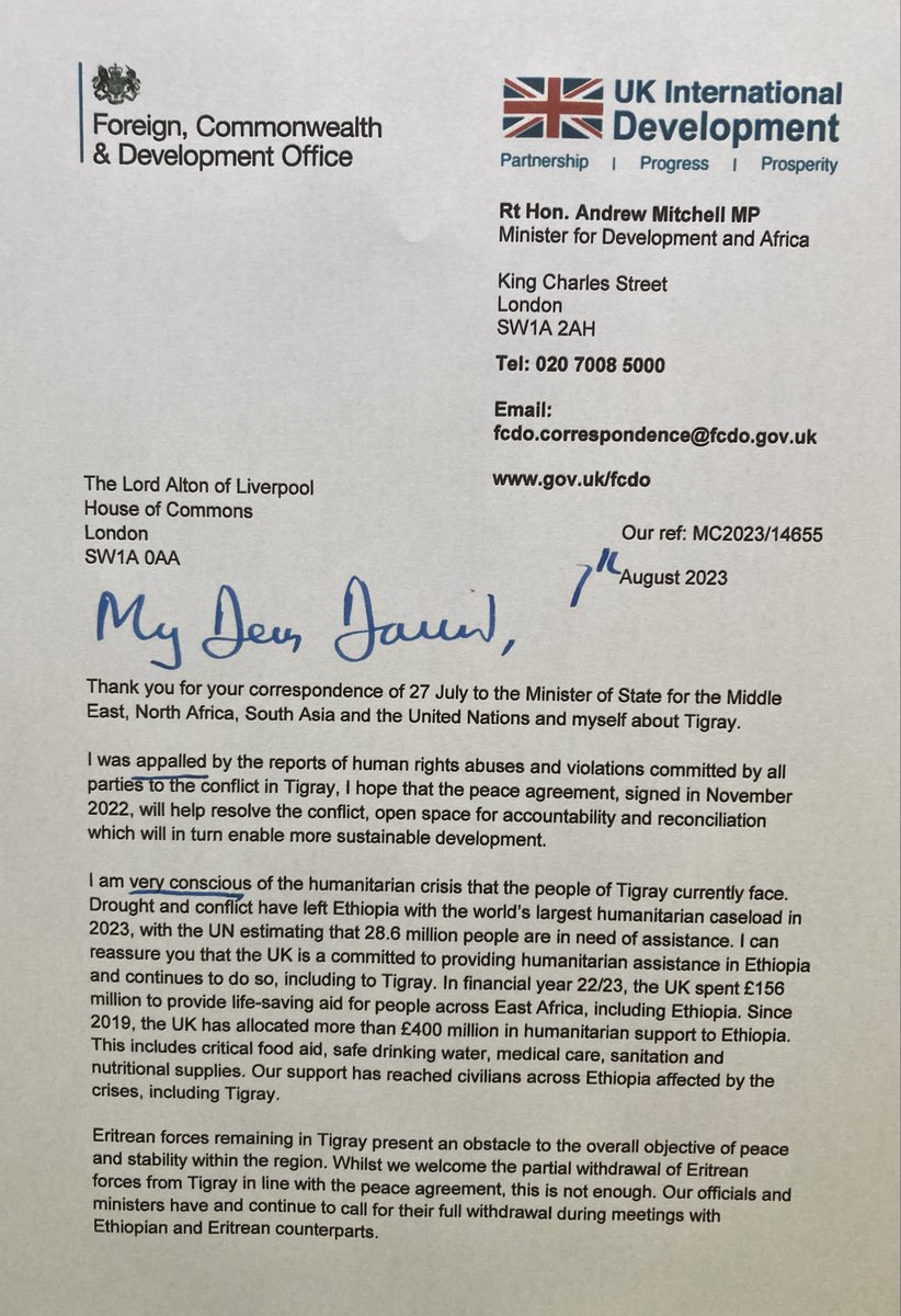 DavidAltonHL's tweet photo. In a letter 
Africa Minister @AndrewmitchMP says Eritrean forces in Tigray present an obstacle to peace.He responds to failure to bring to justice perpetrators of atrocity crimes or to assess whether crimes constitute genocide @Coalition4GR @martinplaut https://t.co/XWXe6UGj2y https://t.co/xonTglzcIM