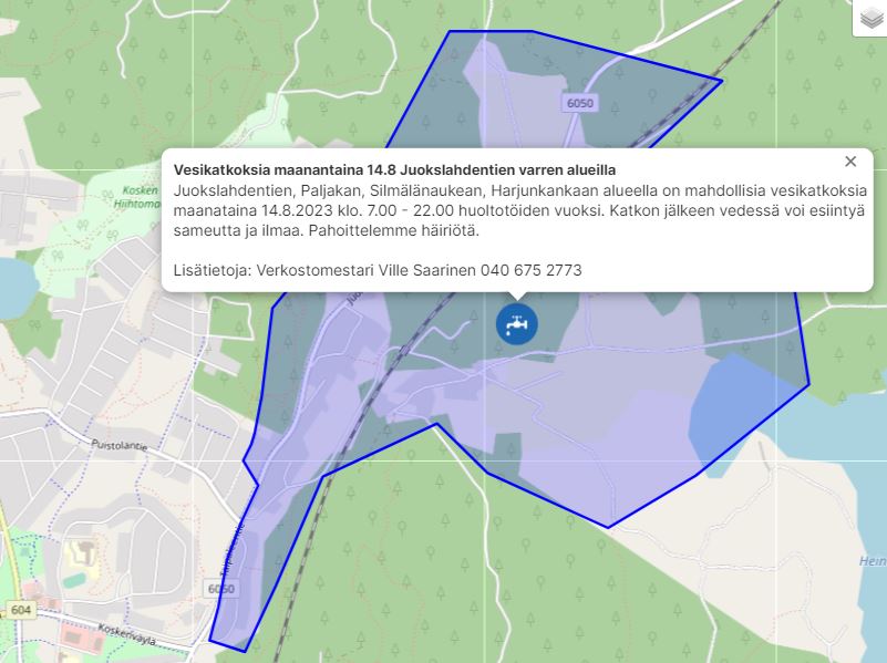 Jämsänkoskella jatkuu vesijohtoverkoston korjaustyöt. Juokslahdentien, Paljakan, Silmälänaukean, Harjunkankaan alueella on mahdollisia vesikatkoksia ma 14.8.2023 klo 7-22. Katkon jälkeen vedessä voi esiintyä sameutta ja ilmaa. Pahoittelemme häiriötä.  #Vesihuolto #JämsänVesi