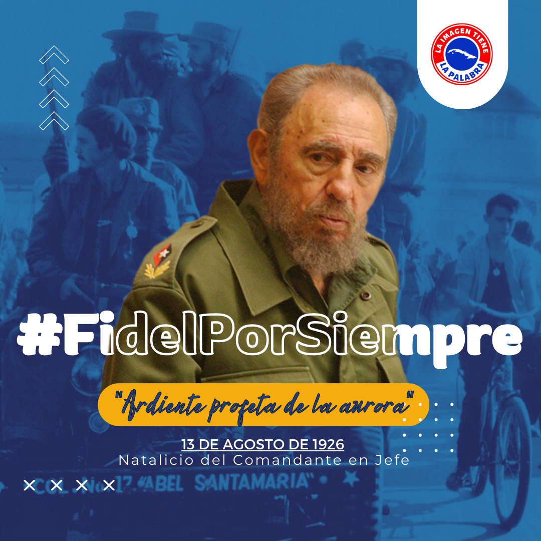 #Fidel : Siendo luz, pueblo, eterno

Nació siendo inmortal
Sin su nombre no hay historia
Ni horizonte sin su estrella
La palabra sincera hablará de él
Cabalgando por los siglos
Su ejemplo persistirá inquieto
Siendo la luz, siendo pueblo
Su montuna rebeldía.

#FidelPorSiempre ❤️