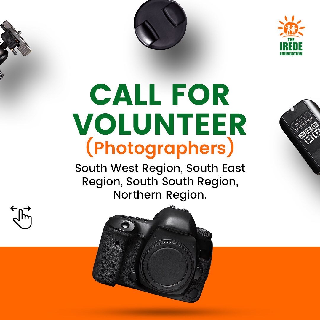 theirede's tweet photo. Call for Volunteer photographers!

IREDE FOUNDATION needs photographers in:

🌍 South West
🌍 South East
🌍 South South
🌍 Northern Regions

Connect via info@theiredefoundation.org or ☎️ 07087109596

Your lens can make a difference!

#theirede
 #volunteer #NGO #photographers https://t.co/FindPJ2YMX