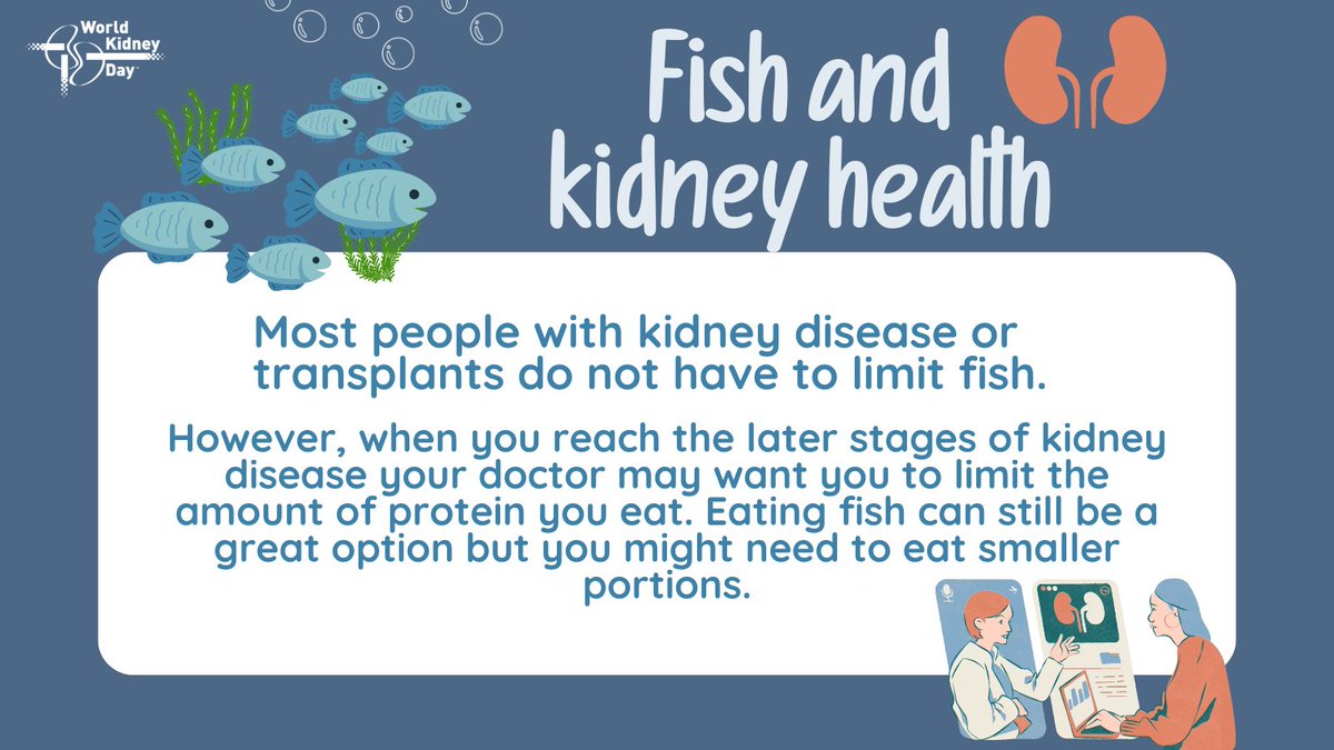 The amount of potassium, phosphorus, and protein you can have each day will depend on your stage of kidney disease and/or the type of dialysis you receive. Talk to your doctor or to a dietitian to find out your diet needs and how much #Fish you can include in it.  #WorldKidneyDay