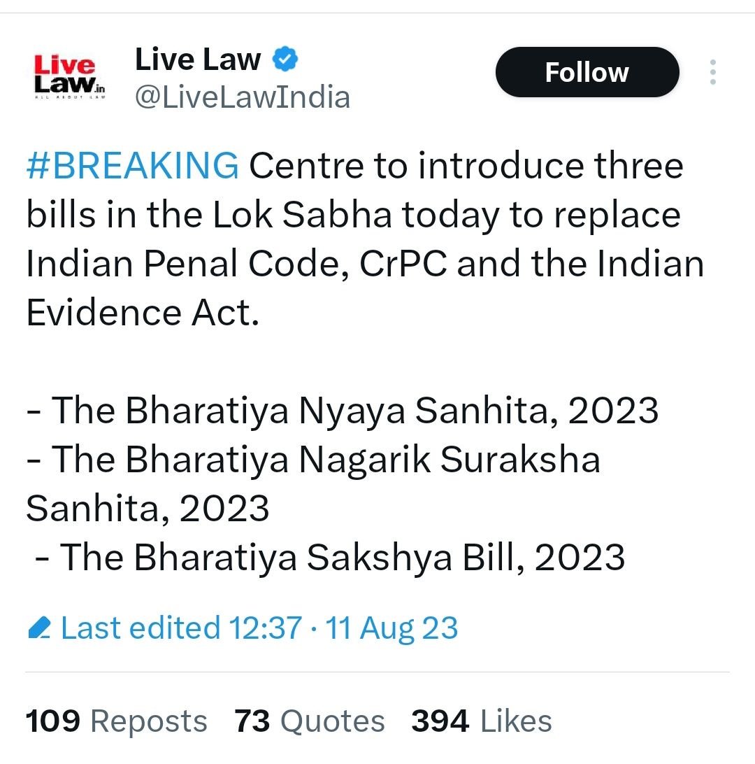 Amanvat78694527's tweet photo. Gratitude to PM @narendramodi for the monumental move after 75 years of independence! The transition from IPC, CrPC, and Evidence Act to Bhartiya Nyay Sanhita, Bharatiya Nagarik Suraksha Sanhita, and the Bharatiya Sakshya Bill is indeed a bold stride towards an empowered India. https://t.co/g073XKWjlU