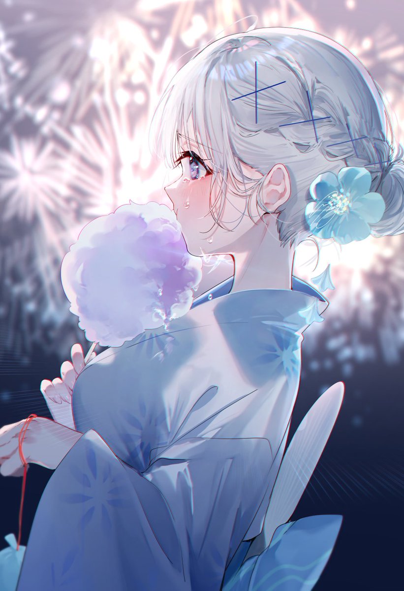 1girl hair ornament solo kimono japanese clothes flower fireworks  illustration images