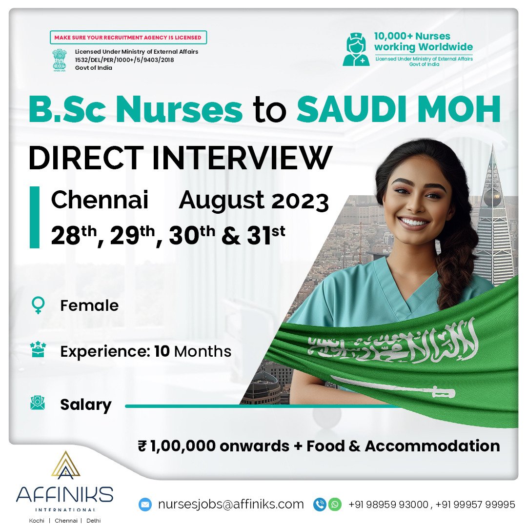 🌍 Nurses Recruitment: Saudi MOH - Direct Interviews!

 nursesjobs@affiniks.com
📞 Contact Us: 
📱 +91 9895 93000 
📱+91 99957 99995

 #NursingOpportunity #SaudiMOH #HealthcareCareers