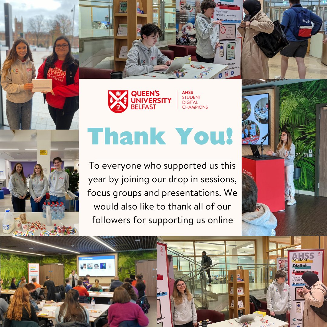 As our time working as a Student Digital Champion comes to an end we would like to thank everyone who has supported us this past year including,
<a href="/qubelfast/">Queen's University Belfast 🎓</a> <a href="/qubgradschool/">The Graduate School</a> @qub_arts_english_languages @qublds <a href="/qubbusiness/">QUBBusiness</a> <a href="/qublibrary/">Queen’s University Belfast Library</a> <a href="/qubssesw/">SSESW at Queen's</a> @happqub