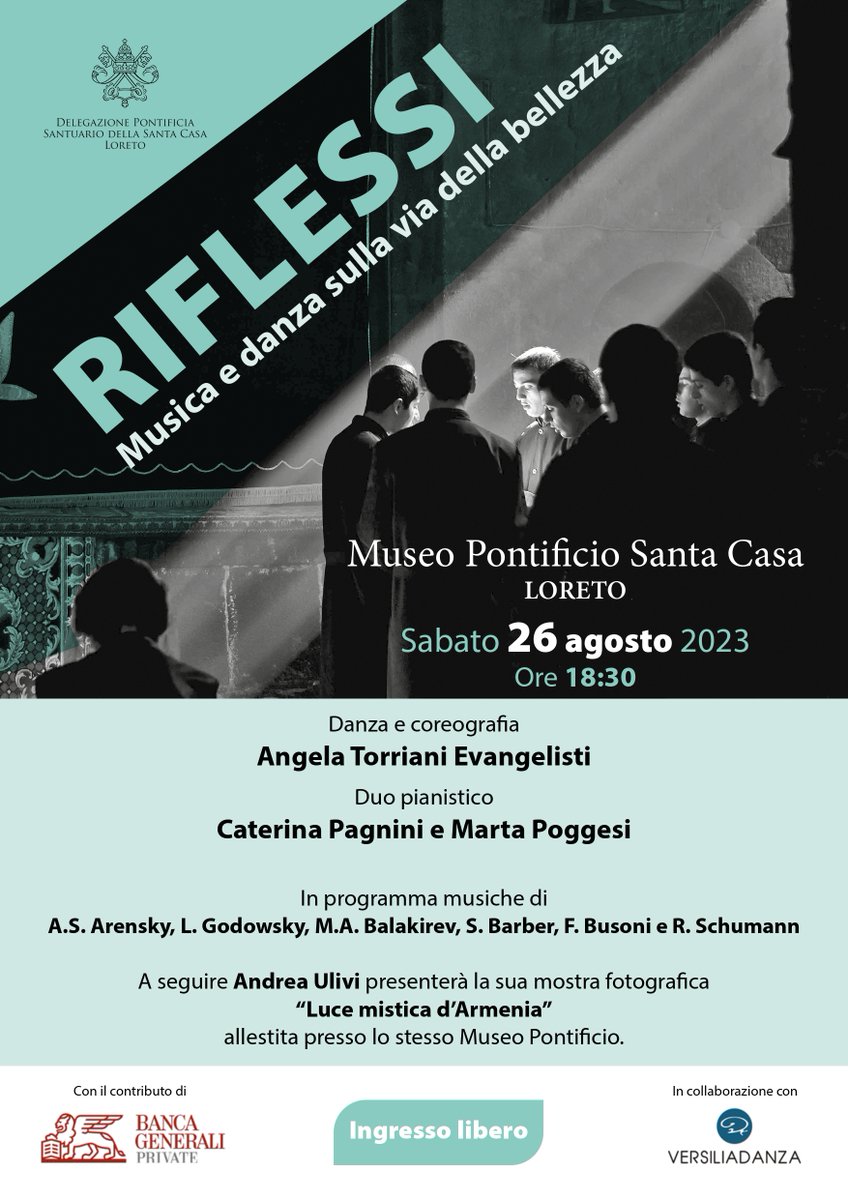 'Riflessi'
Musica e danza sulla via della bellezza.
#Museopontificio di #Loreto, 26 agosto, ore 18.30
Gratuito! 😃