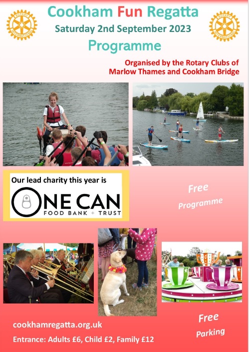 RotaryCookhamBr's tweet photo. Programme for Cookham Regatta (2nd September) now available.
This years lead Charity is the One Can Food Bank Trust.
https://t.co/aGLBhNIRot
Entry is still open for Dragon Boat Racing, all equipment and experienced helm provided, see: -
https://t.co/WIarrfbMif https://t.co/ig8Tl1HnHo