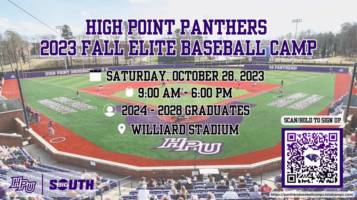 Derek Orndorff (@derek_orndorff) on Twitter photo Join us for our 2023 Fall Elite Baseball Camp on Saturday, October 28 at Williard Stadium!
Check out all <a href="/HPUBaseball/">High Point Baseball</a> has to offer & experience campus first hand. We look forward to seeing y’all!
Scan the QR code or tap the link below to sign up now.
panthersbaseballcamps.totalcamps.com/shop/EVENT Join us for our 2023 Fall Elite Baseball Camp on Saturday, October 28 at Williard Stadium!
Check out all <a href="/HPUBaseball/">High Point Baseball</a> has to offer & experience campus first hand. We look forward to seeing y’all!
Scan the QR code or tap the link below to sign up now.
panthersbaseballcamps.totalcamps.com/shop/EVENT