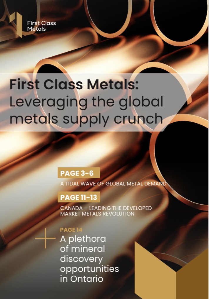 FirstClassMetal's tweet photo. 𝐅𝐢𝐫𝐬𝐭 𝐂𝐥𝐚𝐬𝐬 𝐌𝐞𝐭𝐚𝐥𝐬:
𝐋𝐞𝐯𝐞𝐫𝐚𝐠𝐢𝐧𝐠 𝐭𝐡𝐞 𝐠𝐥𝐨𝐛𝐚𝐥 𝐦𝐞𝐭𝐚𝐥𝐬 𝐬𝐮𝐩𝐩𝐥𝐲 𝐜𝐫𝐮𝐧𝐜𝐡. 

There’s no way around it; we’re in the midst of a metal consumption crisis.

 Whether it’s the niche battery metals powering the electric vehicle revolution.

The industrial metals supporting worldwide urbanisation and population growth.

Or even the precious metals sought out as safe havens amid escalating volatility.

The quantities we’re consuming are set to rise long in to the future.
Take nickel as an example – mining giant Vale expects global demand to grow by 44% in less than a decade.

The issue is the world wasn’t ready for this. At all.

No, developed nations underestimated the scale of this revolution considerably.

And as a result, we’re being forced to depend increasingly on less-than-
ideal international partners for our metal supplies.

This includes nations like China, where our collective over-
reliance is creating due diligence, environmental, and energy security concerns.

But it also includes less economically developed nations like the DRC where mining is associated with human rights violations.

Something clearly needs to be done.
And as we’ll show in this report, with our portfolio of highly prospective metal exploration projects in mining friendly Ontario, Canada.

First Class Metals offers investors the perfect opportunity to help while potentially generating considerable financial returns in the process.

Follow the link for the full report. 

https://t.co/8yRsBg48ku

#FCM #criticalmetal #lithium #copper $gold #gold #cobalt #ev #energytransition