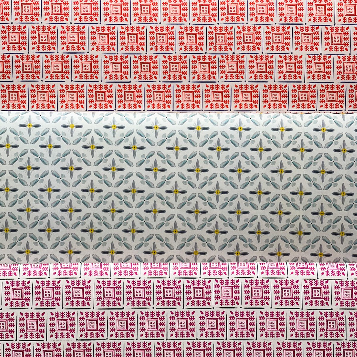 thehatchedline's tweet image. We’ve slowly been adding more colour-ways to our wrapping paper collection and it&apos;s definitely  becoming more colourful.  Most of our designs started life as either a handprinted or hand painted artwork. #printandpattern