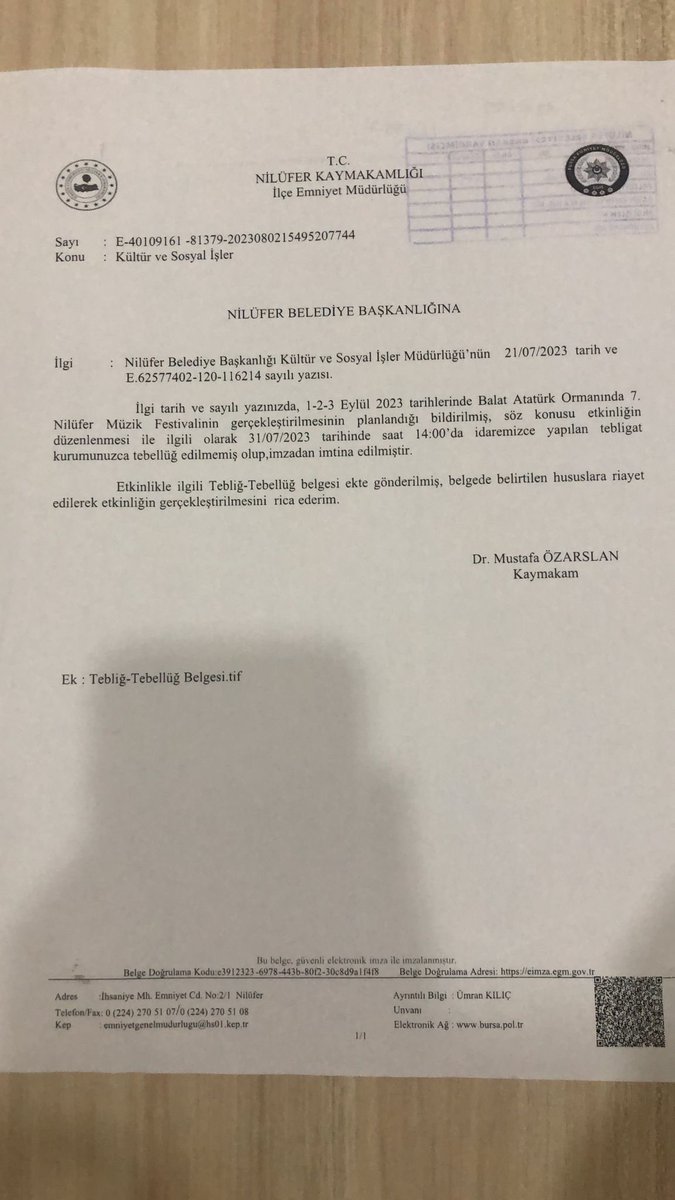 Sayın Vali sanki ortada hiçbir engelleme ve yasaklama girişimi yokmuş da biz aylardır emek verdiğimiz festivali keyfi sebeplerle iptal ediyormuşuz durumuna düşürecek bir açıklama yapmış ama Nilüfer Kaymakamlığı tarafından bize tebliğ edilen yazıda yasaklar açıkça görülüyor.