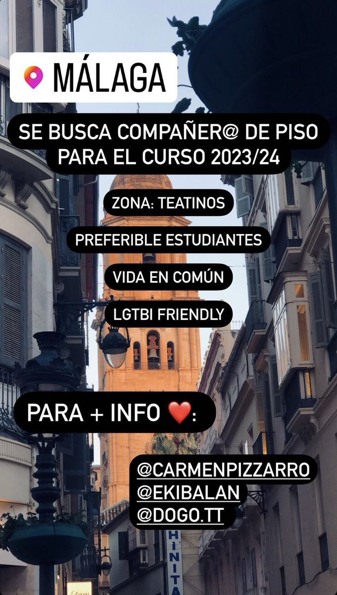 Buscamos compañer@ de piso en Málaga.🌅

Somos 2 chicas y un chico, para hacer vida común, simpáticos, limpios y lgtbi+ friendly🏳️‍🌈

-4 habitaciones y 2 baños
-Cocina equipada
-Salón muy amplio y terraza
-€ asequible 

📍10 min metro ciudad de la justicia 
📍2 min línea 8