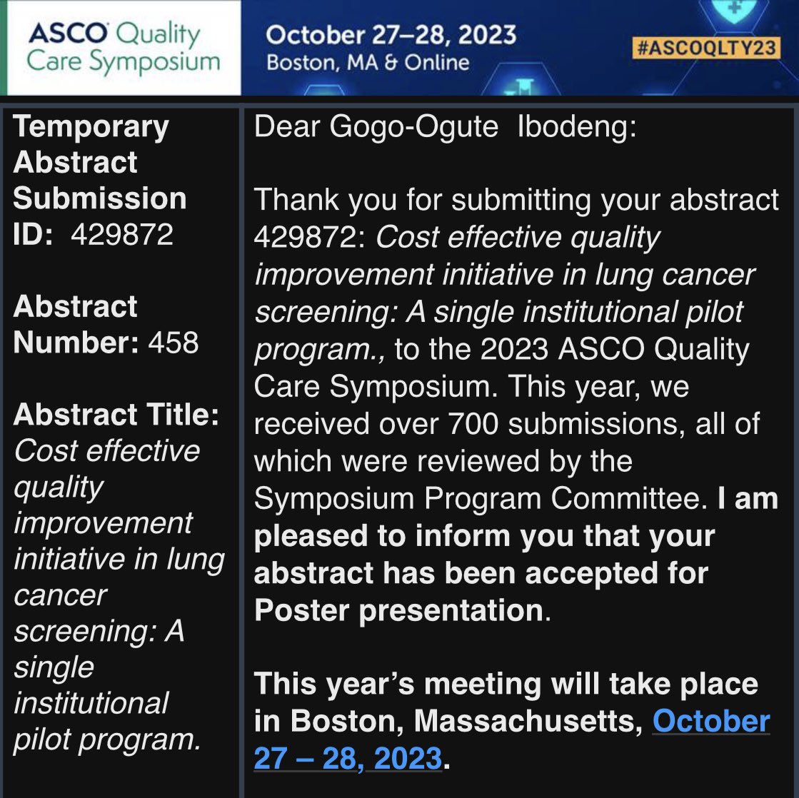 Honored to have our abstract accepted for a poster presentation this fall in Boston @ASCO #ASCOQLTY . This was such an impactful experience & work by our team and I look forward to discussing our strategies and outcome #Lungcancer #Lcsm #QualityImprovement #oncology #MedTwitter