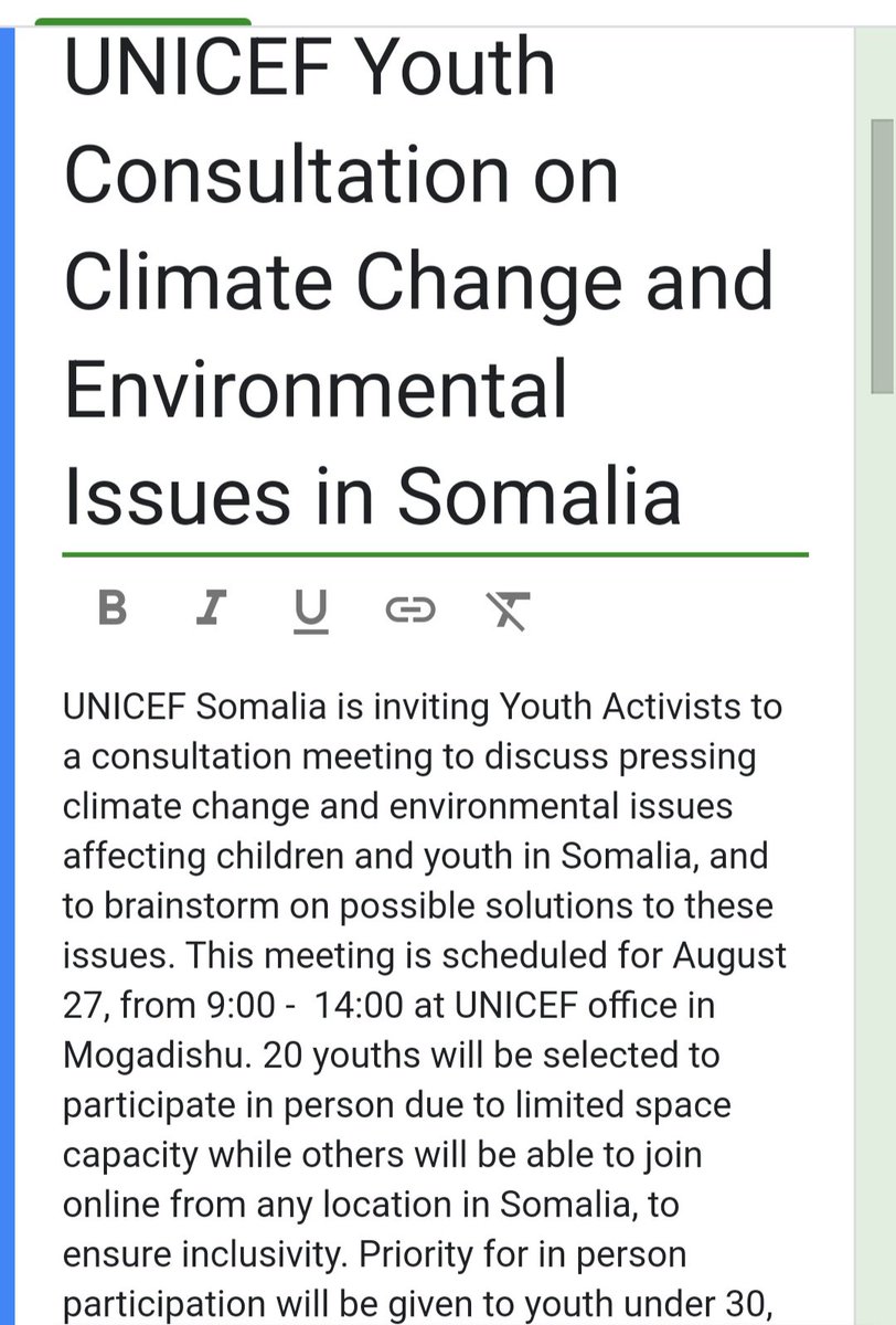 UNICEF Somalia @unicefsomalia is inviting Somali Youth Climate and Environmental Activists to a consultation meeting scheduled for August 27 in Mogadishu and online. To participate, submit an application through this link: lnkd.in/eFyWv8XK Application deadline:…