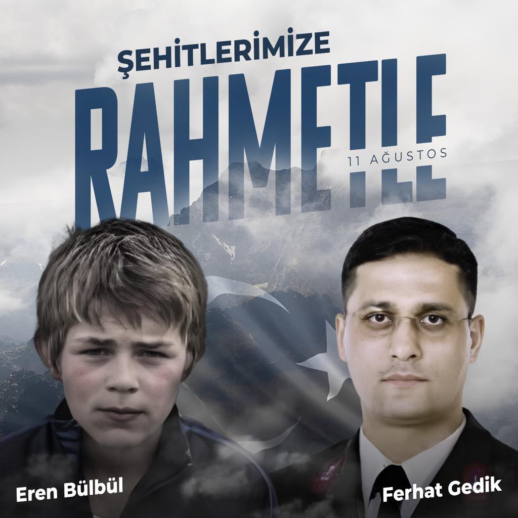 Trabzon Maçka’da hain terör örgütü tarafından şehit edilen kuzeyin kahraman oğlu Eren'imiz ve Jandarma Astsubay Kıdemli Başçavuş’umuz Ferhat Gedik'i şehadetlerinin 6. yılında rahmet ve minnetle yâd ediyorum. 
Ruhları şâd, makamları âli olsun.

İyi ki vardınız, bu milletin