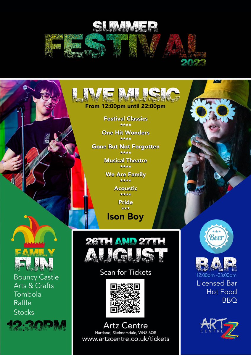 The Artz Summer Festival is now just a few weeks away. A full weekend of Live Music awaits, featuring some amazing local talent. 

Wristbands available clicking the link below. 

Full weekend - £15 Adults and £5 kids 
Day pass - £10 (Saturday or Sunday) 

artzcentre.co.uk/tickets