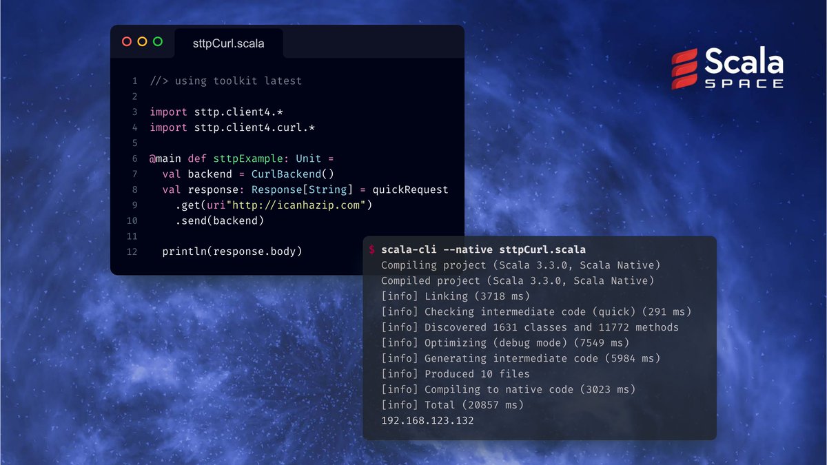 ScalaSpace's tweet image. Build VM-free programs using Scala Native and the Scala Toolkit!

Learn how to create a lightweight app with sttp-client for HTTP communication and Cats Effect for rich effects. Utilize Scala 3, scala-cli, and Scala Native with a simple setup.

TUTORIAL: sml.io/native-toolkit