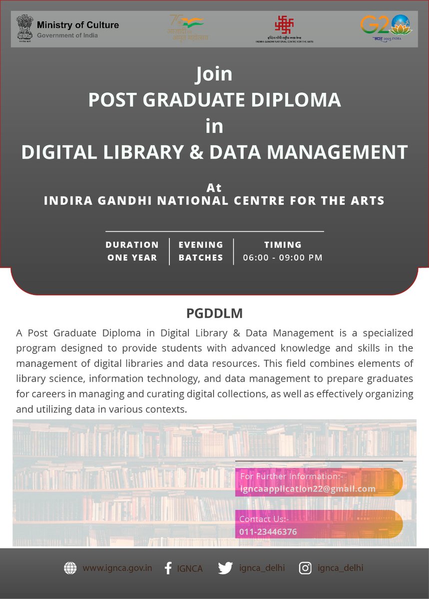 ignca_delhi's tweet image. Join our PG Diploma in #DigitalLibrary & #DataManagement
Enroll Now: ignca.gov.in/registration/
For Course Details visit: ignca.gov.in/divisionss/pg-…
For Eligibility, Fee & Schedule visit: ignca.gov.in/divisionss/pg-…
#PGDiploma #PGDMAdmissions #IGNCACourses
@PMOIndia
@MinOfCultureGoI…