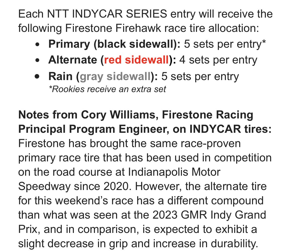 This weekends ⁦@FirestoneRacing⁩ tire notes ⚫️5 sets 🔴4 sets *Interesting that it’s a slightly different 🔴compound than what was here in May #IndyCar