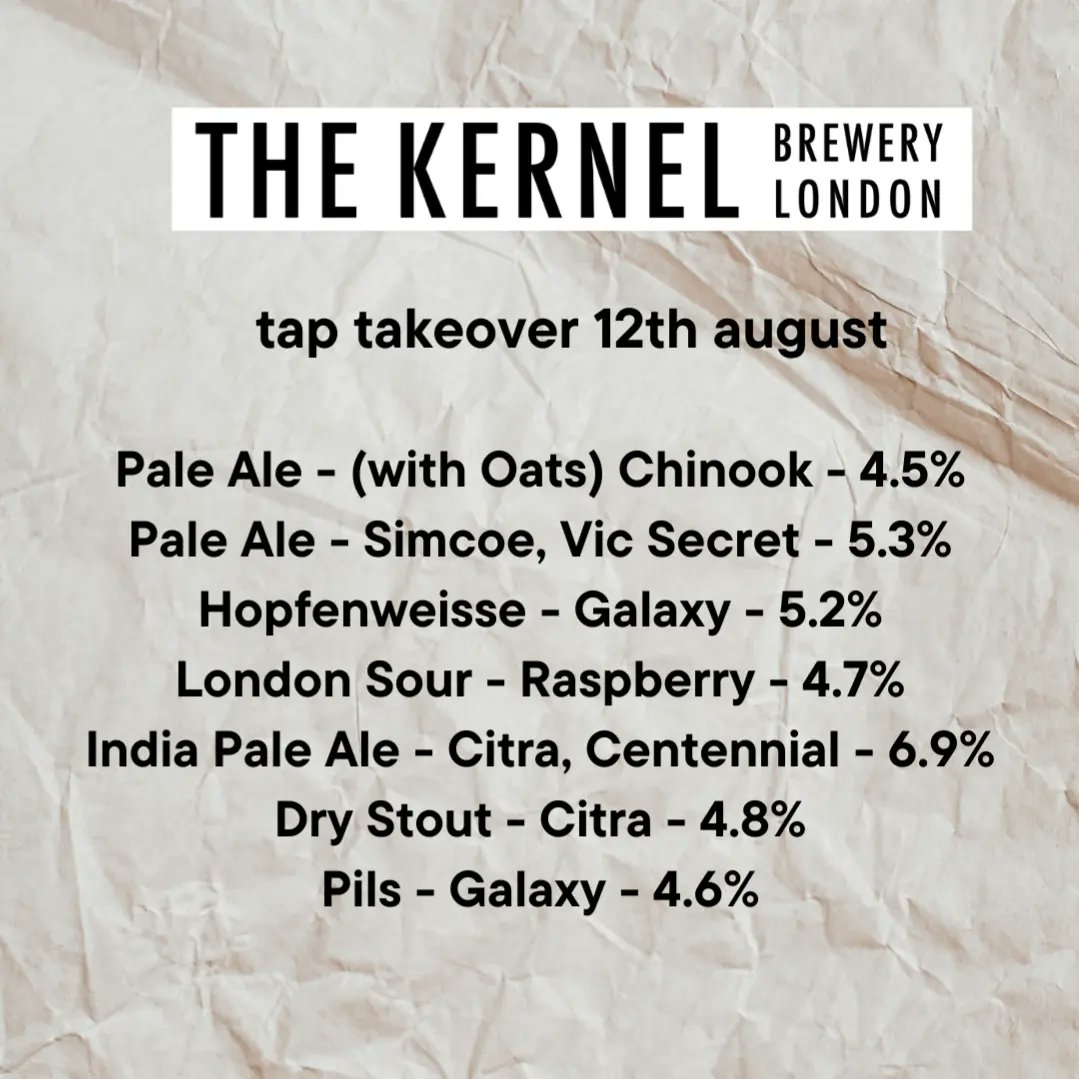 westroadtap's tweet photo. Beer list for our @kernelbrewery taptakeover starting tomorrow 

Plus updated menu for our 1942streetfood pop-up, serving from 1pm til it's gone!

#thekernel #1942streetfood #taptakeover #popup #beer #craftbeer #micropub #taproom https://t.co/cPKHFzUxyP