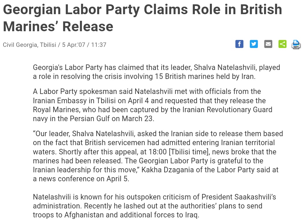 crazygeopol's tweet photo. Labour Party leader Shalva Natelashvili claiming he played a role in the release of 15 British marines held by Iran, since the news broke out shortly after he met with representatives of the Iranian embassy (2007). https://t.co/iuxvIheZPq