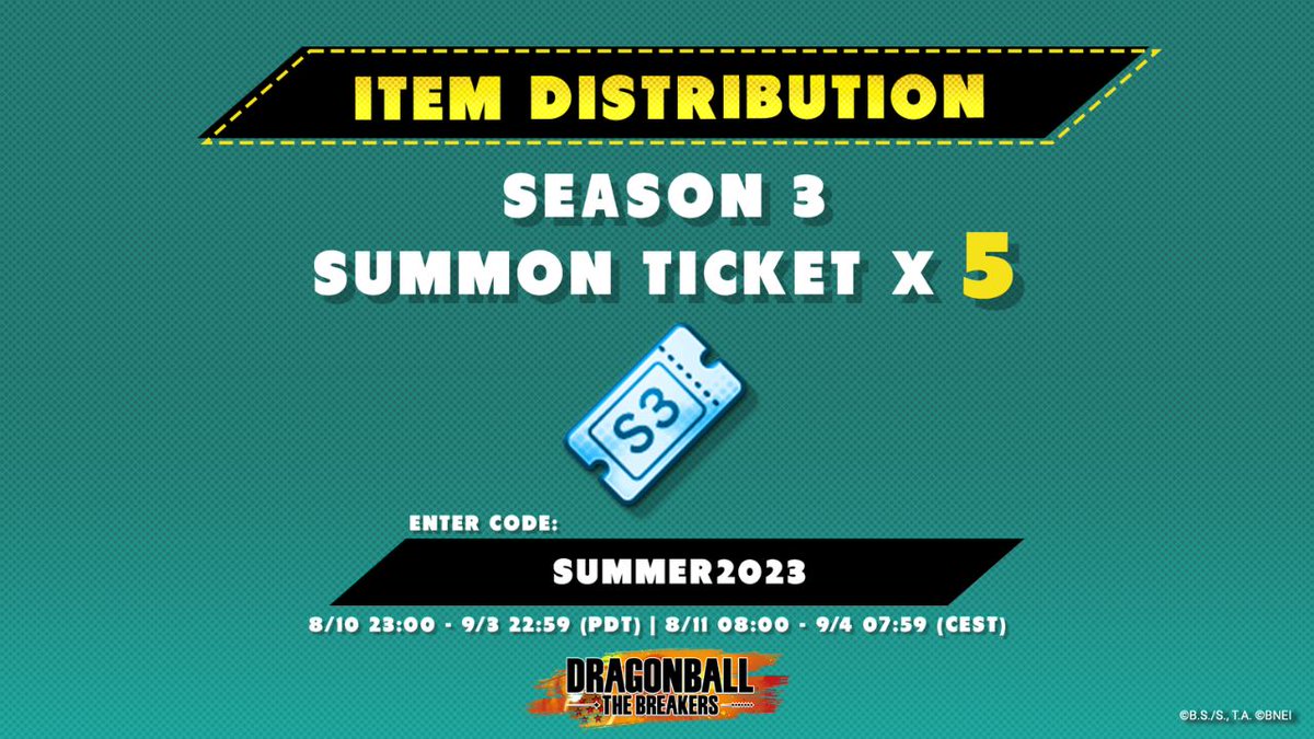 Dragon Ball: The Breakers on X: Item Code Distribution #3 Here is the code  for the #DBTB item for week 3! Enter the following code into the game to  receive this week's