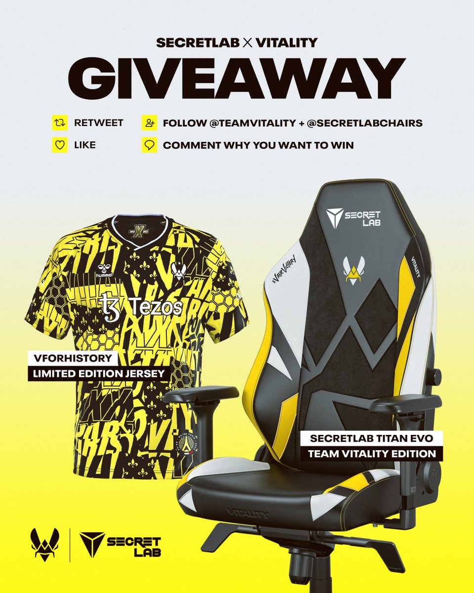 Banger giveaway alert! 😳

We're giving away a Secretlab TITAN Evo Team Vitality Edition chair and a VforHistory jersey to ONE lucky winner! 

Simply follow @TeamVitality and @Secretlabchairs, like, RT & comment why you want to win.

 Good luck 💛