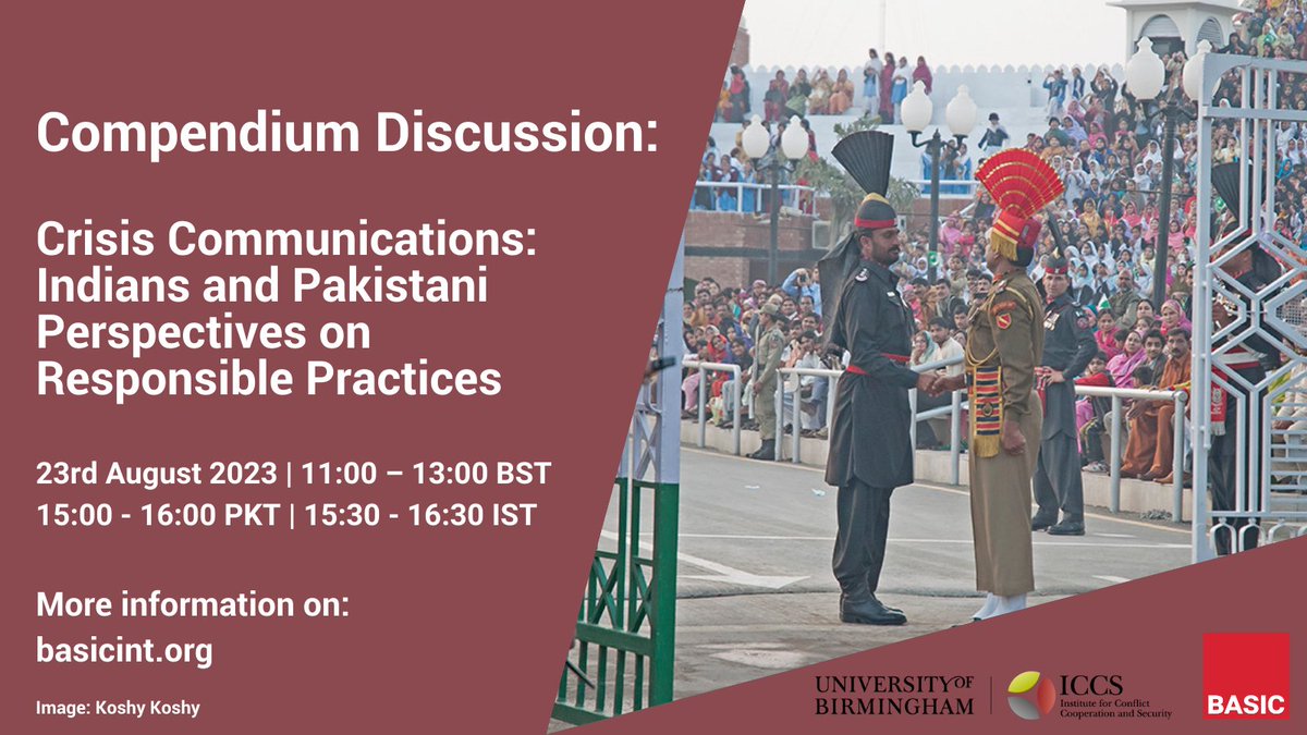 How can adversaries communicate to better manage crises? 

Please join IPCS-<a href="/CSSPR_UOL/">CSSPR</a>-<a href="/BASIC_int/">BASIC</a>-<a href="/iccs_bham/">ICCS</a> for a webinar on 'Crisis Communications: Indian and Pakistani Perspectives on Responsible Practices', on 23 August. 

To register: us02web.zoom.us/webinar/regist…