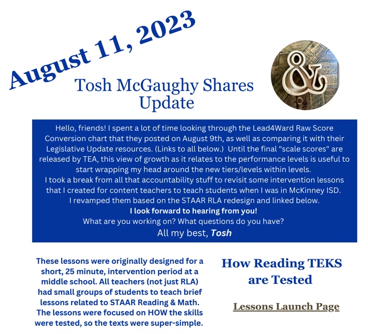 ToshMcGaughy's tweet photo. #STAARredesign #TXrla Analyzed raw score conversions &amp; revisited STAAR Reading "how-to" lessons. Here is my weekly update! https://t.co/fKHuBvBqX9 https://t.co/sVcAYIqaeb