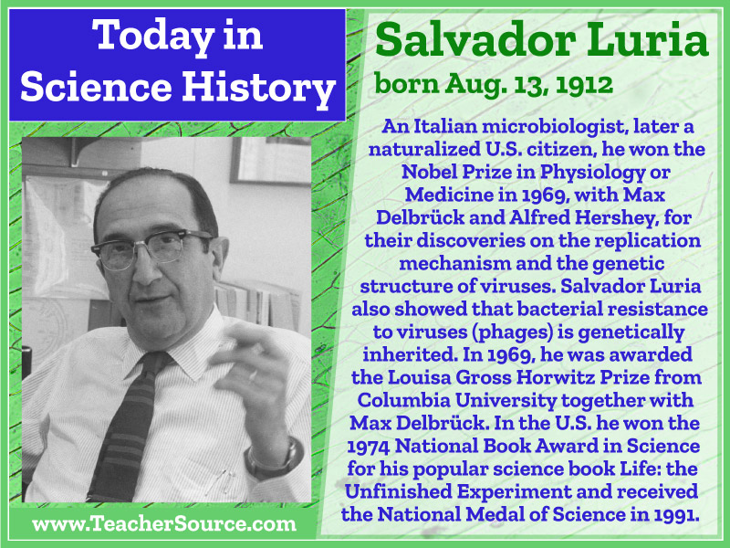 Salvador Luria was born on this day in 1912. #SalvadorLuria #medicine #microbiology #viruses #NobelPrize #NobelPrizeWinners #science #ScienceHistory #ScienceBirthdays #OnThisDay #OnThisDayInScienceHistory