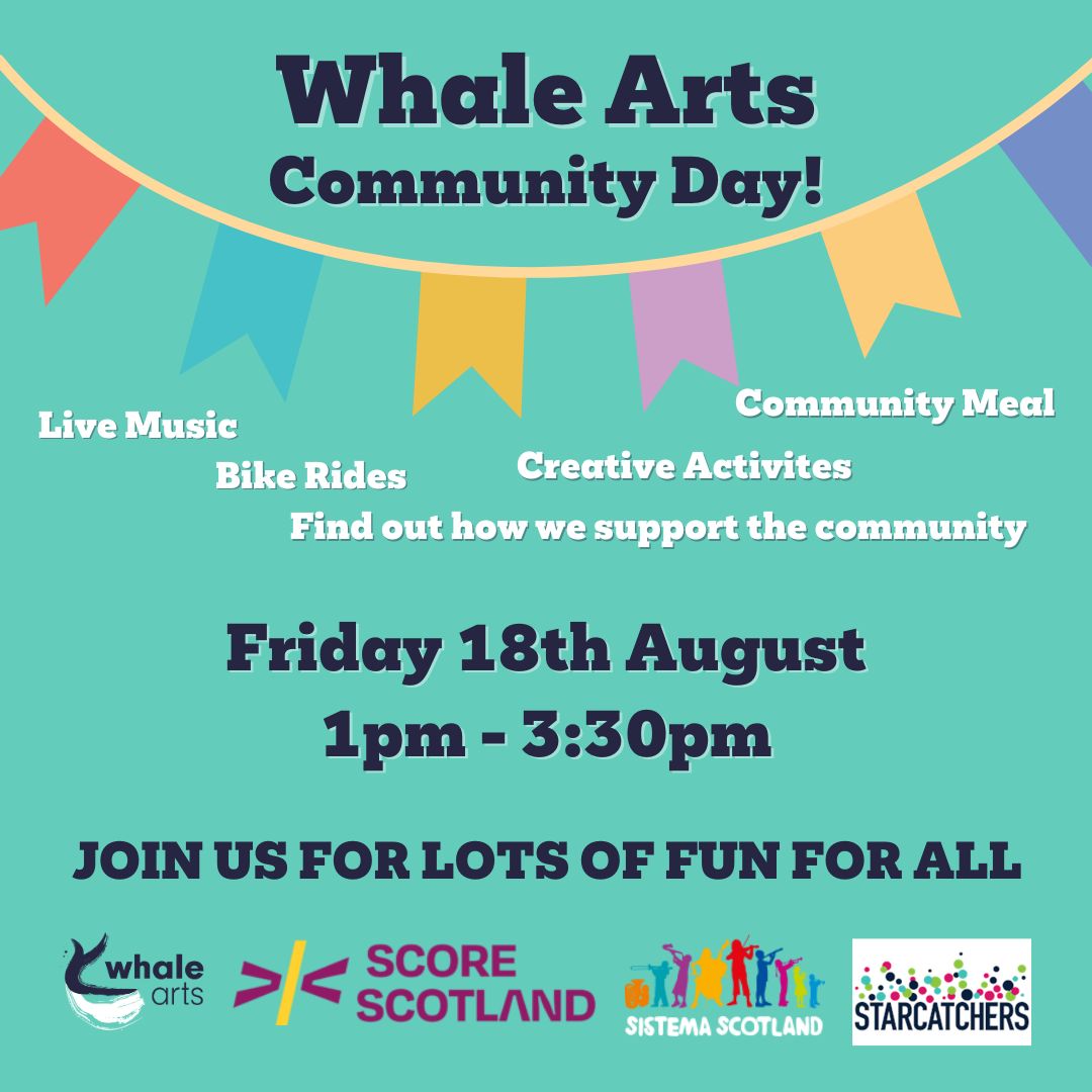 🎉 Join us, Friday 18th August 1pm - 3:30pm for our Community Day! We are teaming up with @SCOREscotland, @sistemascotland @starcatchersUK to showcase what we do in our community. There will even be a a surprise appearance from @puppetanimascot 👀💃🍉🖌️ Come and join in the fun!