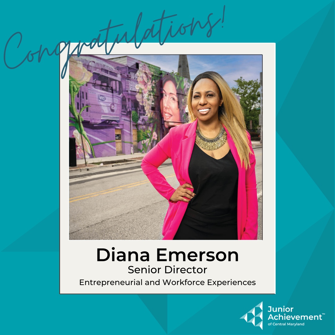 JA_Maryland's tweet photo. Congratulations to our Senior Director of Entrepreneurial and Workforce Experiences, Diana Emerson, on her 5 year work anniversary with Junior Achievement of Central Maryland! #JA #JACMD #JuniorAchievement #JAofCentralMD #JAJobShadow #JARisingWomen #JAPersonalFinanceExperience https://t.co/Q4xHJqTue8