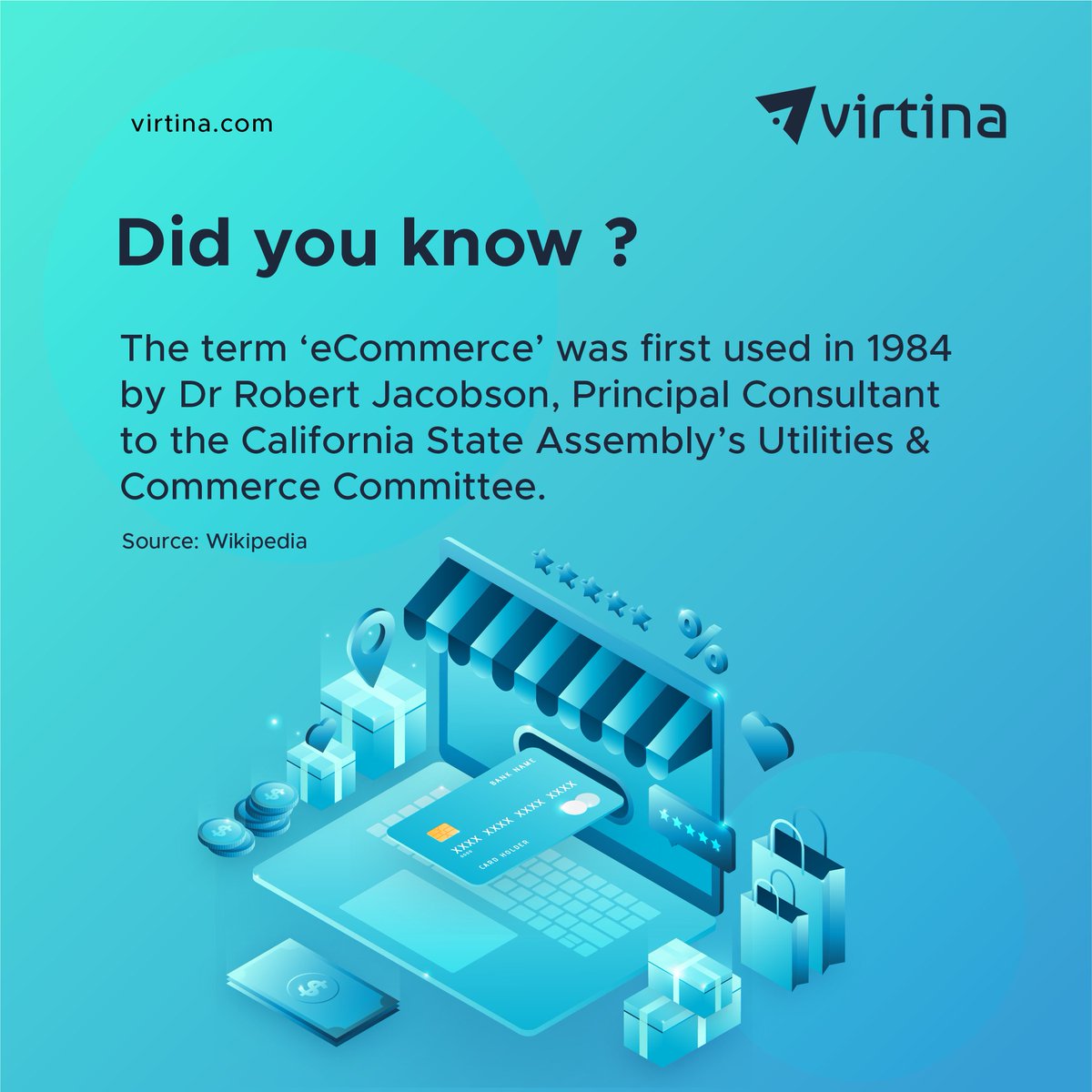 VirtinaPro's tweet image. Discover an interesting fact! The term &apos;eCommerce&apos; was coined by Dr. Robert Jacobson, Principal Consultant to the California State Assembly&apos;s Utilities &amp;amp; Commerce Committee, in 1984. It&apos;s amazing how language evolves with technology. 🌐#EcommerceHistory #FunFact #TechnologyImpact