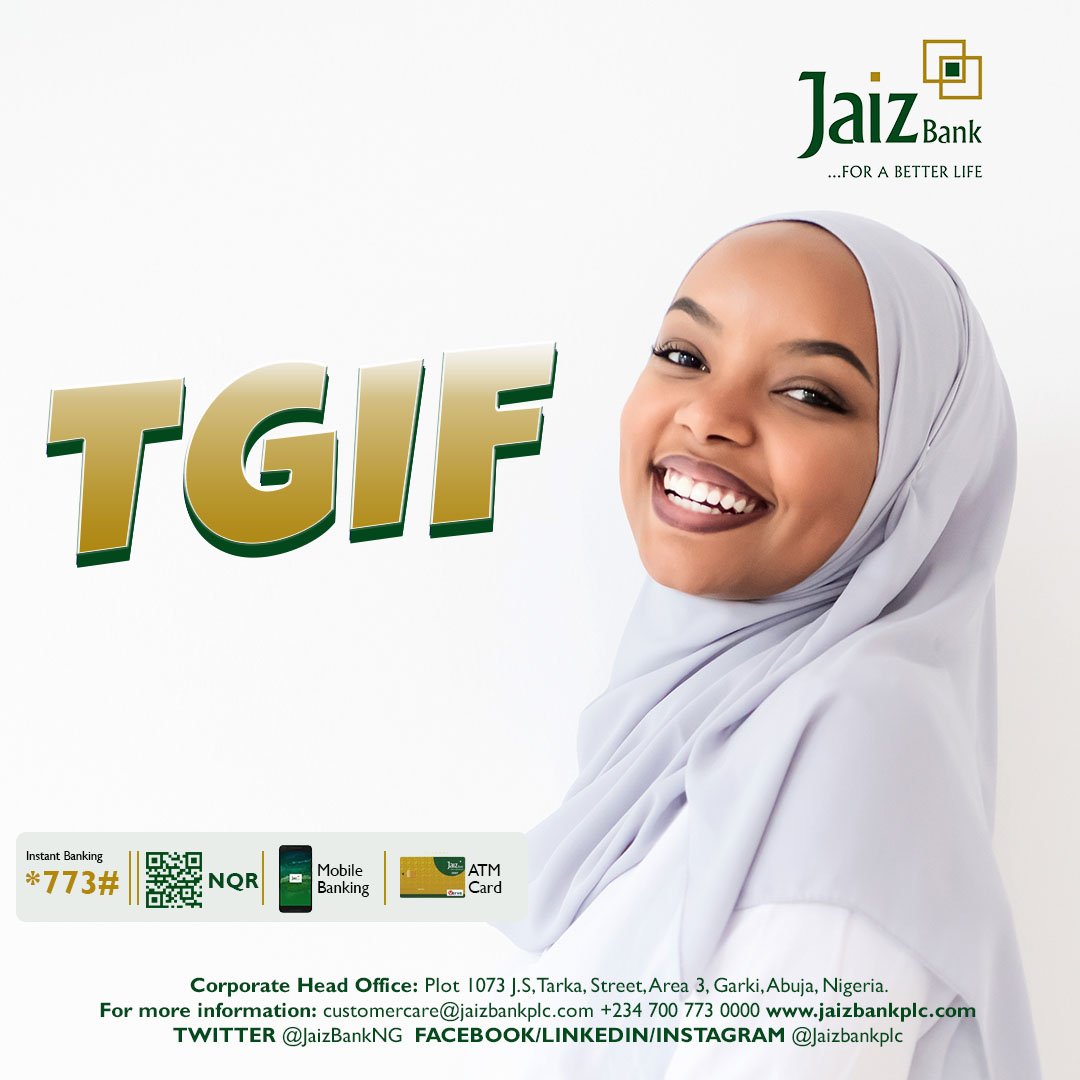 JaizBankNG's tweet photo. Have a great weekend and remember our e-channels are available to ease your transactions.
#Jaizcare
#forbetterlife
#TGIF https://t.co/88Hg4tE2Fd