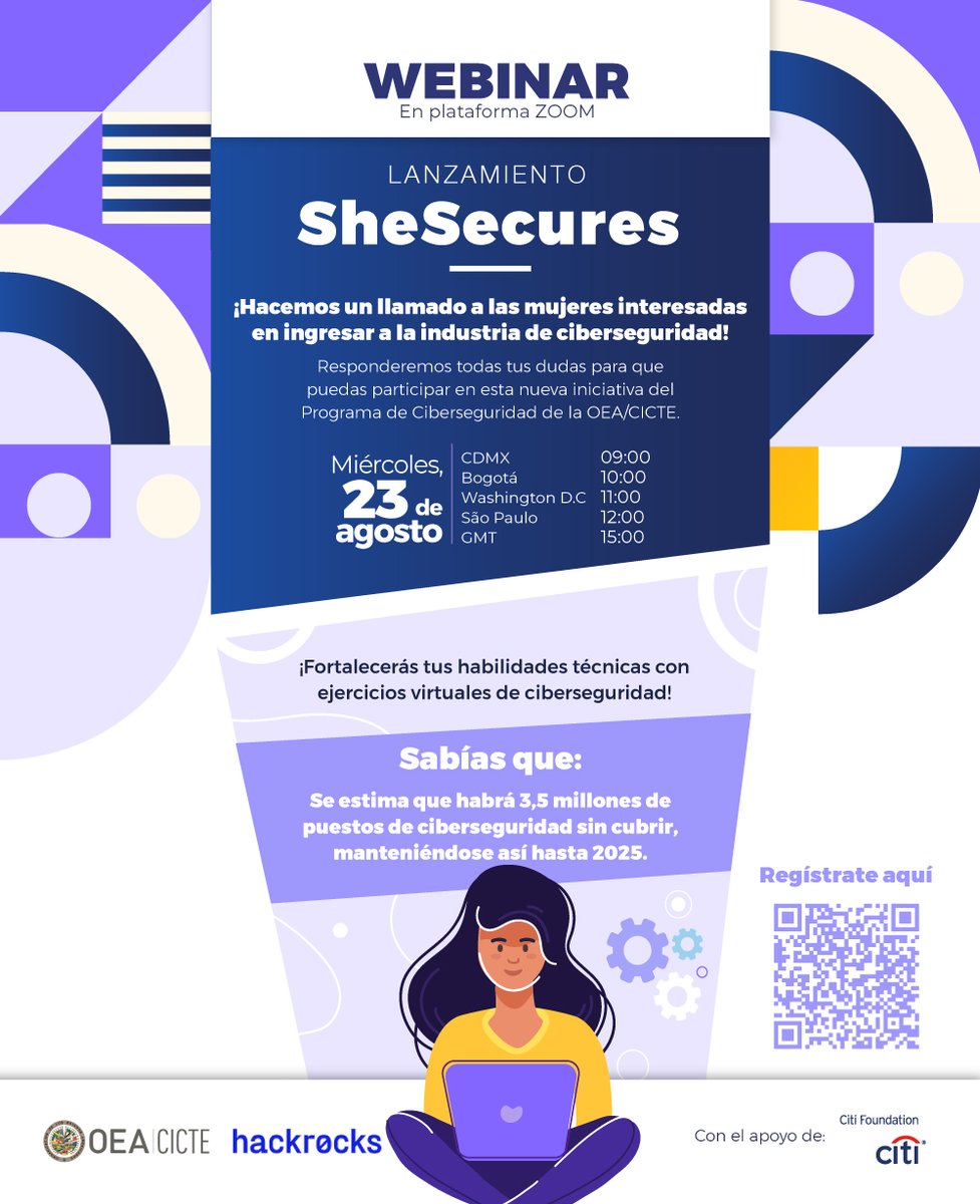 OEA_Cyber's tweet photo. 📢¡El Webinar de lanzamiento de #SheSecures está a punto de comenzar! 
Descubre esta emocionante iniciativa que fortalece a las mujeres con ejercicios virtuales de ciberseguridad.
¡Únete ahora! 🚀👩‍💻
🔗Registro: https://t.co/AcZLXuai53
@OEA_CICTE @hackrocks_ @OEA_oficial @Citi https://t.co/wmyVSchCMt