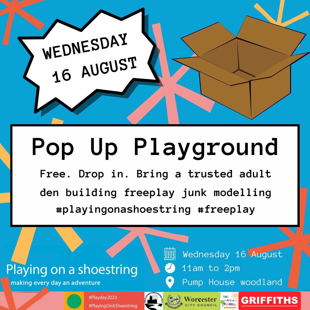 Rescheduled date for Pop Up Playground is next Wednesday 16th August. Free. Drop in between 11-2 in Pump House woodland. Can’t wait!
<a href="/CommunityWorcs/">Community Worcester</a> 
<a href="/ParentsVoiceWor/">Parents' Voice</a>