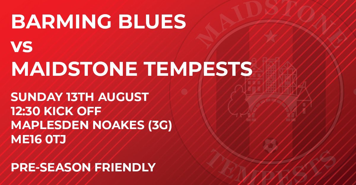 Pre-season friendly #3

(Later kick off time than normal)

⚽️ Friendly
🆚 <a href="/BarmingBluesMen/">Barming Blues Men</a> 
🕒 Sun 13th August / 12:30 KO
🏟 Maplesden Noakes / ME16 0TJ

#WeAreTempests #SundayLeague @SELKGrassroots <a href="/mmksfl/">Maidstone & Mid Kent Sunday Football League</a>