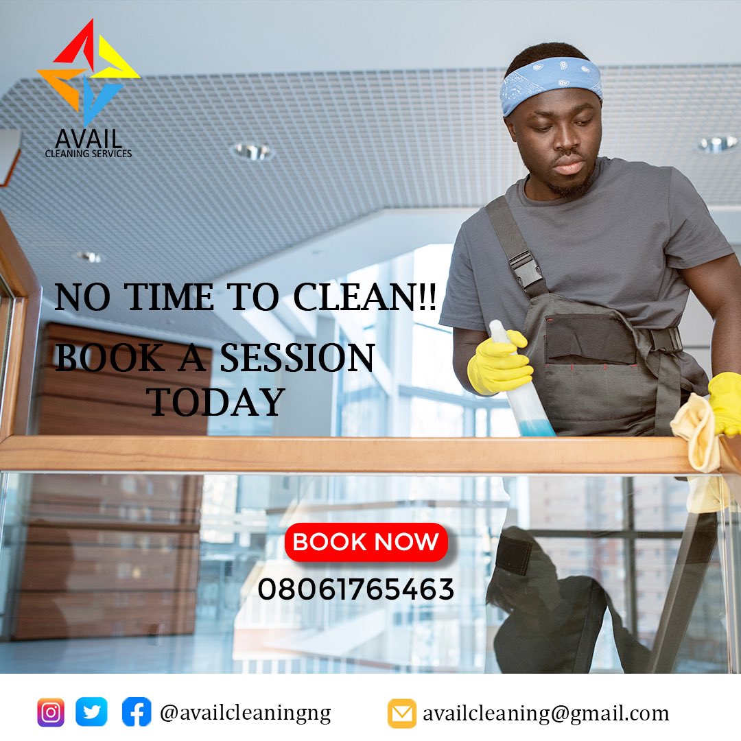availcleaningng's tweet photo. It’s Friday, we know you had a long week, just relax and trust us to handle your cleanings this weekend. Send us a dm today 🙏🏽
.
.

#availcleaningservices #availcleaningng #availcleaning #lagoscleaningcompany https://t.co/jSIj0ClHbA