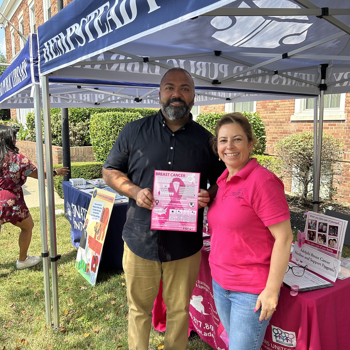 AUbreastcancer's tweet photo. Today, Sandra Martinez, Bilingual Outreach Coordinator @AUbreastcancer, attended the #FrontLawnFriday event @Hempstead_PL . Sandra met with Erica Lang, Head of reference at Hempstead Public Library & @SenKevinThomas. Sandra is providing breast health information to the community. https://t.co/gqRFmYY4P6