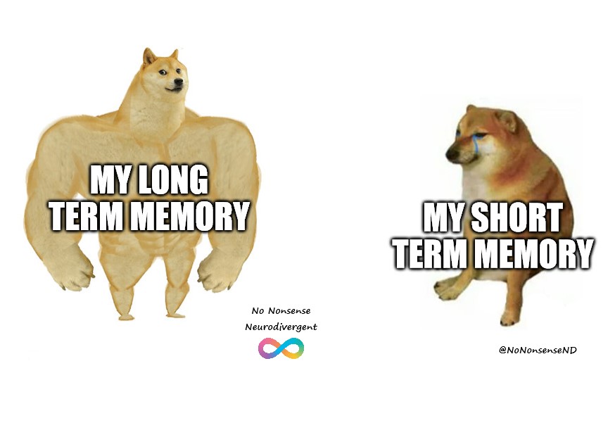 NoNonsenseND's tweet photo. Is this true for you?

I think it's especially true for AuDHD'ers like me. My short term memory is basically non-existent. 

Meanwhile, I can recall my friend's bio dad's name who I never met because he mentioned it in passing once in grade 3 🤣 https://t.co/aNWrdQtrao