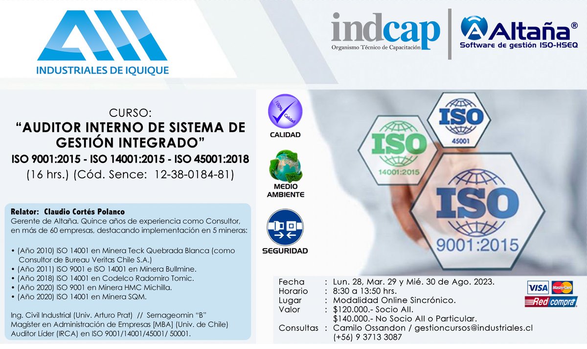 aiigremio's tweet photo. [#CursosAII]
"AUDITOR INTERNO DE SISTEMA DE GESTIÓN INTEGRADO"
#IndCap @AltanaIng 
📅 28, 29 y 30 de agosto.
⏰ 08:30 a 13:50 horas.
💻 Modalidad online sincrónico.
Inscripción e información:
📧 gestioncursos@industriales.cl
📱 +56 9 3713 3087
Más info 👇 https://t.co/vFzHN16mSS
