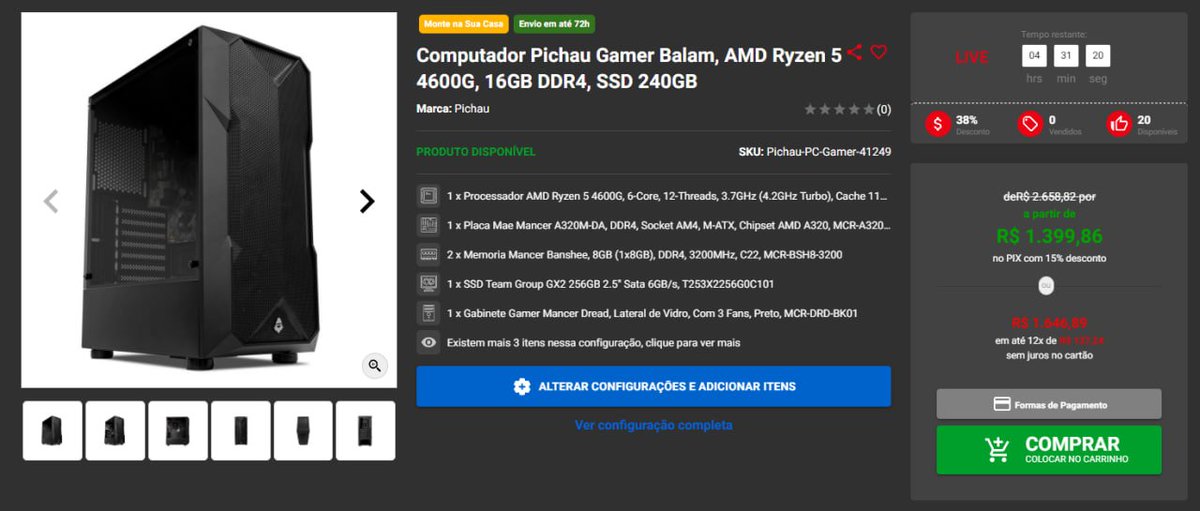PC Pichau Gamer Balam, AMD Ryzen 5 4600G, 16GB DDR4, SSD 240GB