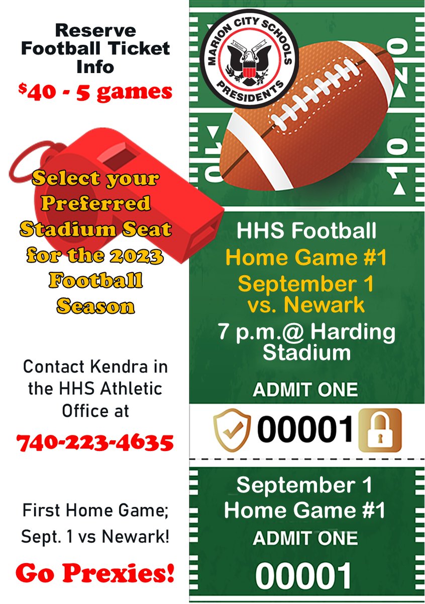 MCSPresidents's tweet photo. 📢 Hey, football fans! 📢 Reserve your favorite seats at Harding Stadium now! Lock in your seat and your price at $40 for five games. 🏈 🎟️ Call Kendra at (740) 223-4635 for more information and get ready to cheer on our Prexies! #WeRPrexies https://t.co/UIsHgEqLSw
