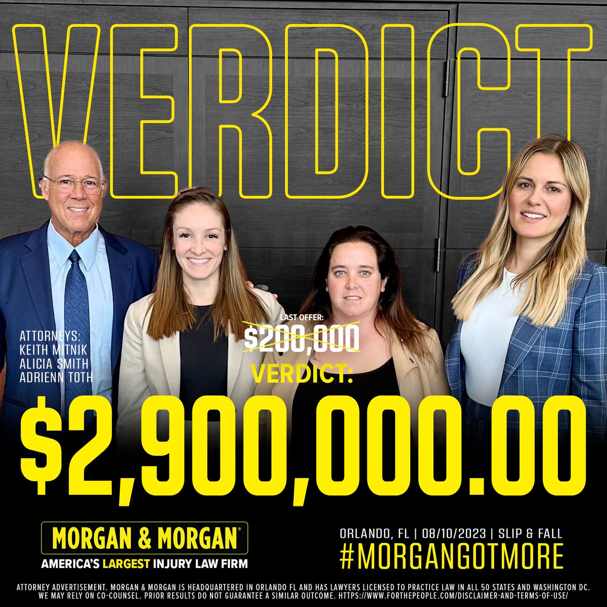 🚨#VerdictAlert:

Keith Mitnik, Alicia Smith and Adrienn Toth just received a $2,900,000.00 verdict for our client on a slip & fall case against Family Dollar Store.

The last offer was $200,000. That’s #MorganMath 💪

#MorganGotMore #ForThePeople #LAW