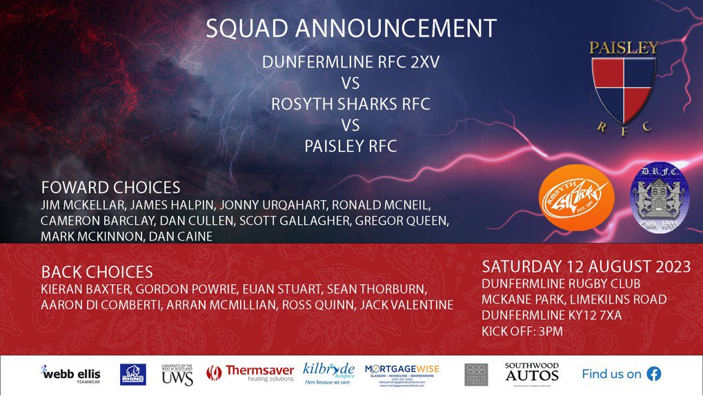 Paisley Rugby Club (@paisleyrfc) on Twitter photo Squad Announcement
Head Coach James Halpin has selected his squad for our first Pre Season game(s) against <a href="/dunfermlineRFC/">Dunfermline Rugby Football Club</a> 2XV & <a href="/RosythSharksRFC/">Rosyth Sharks RFC</a>
With it now being a Round Robin fixture, We have a new location at Dunfermline RFC's McKane Park.
#WeArePaisley #PreSeason Squad Announcement
Head Coach James Halpin has selected his squad for our first Pre Season game(s) against <a href="/dunfermlineRFC/">Dunfermline Rugby Football Club</a> 2XV & <a href="/RosythSharksRFC/">Rosyth Sharks RFC</a>
With it now being a Round Robin fixture, We have a new location at Dunfermline RFC's McKane Park.
#WeArePaisley #PreSeason