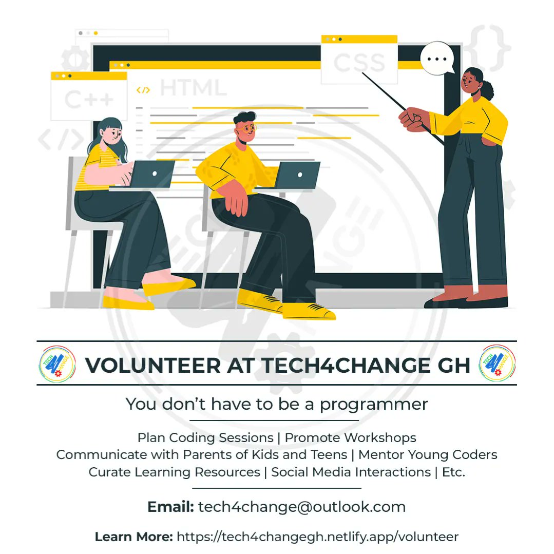 Tech4Changegh's tweet image. 🌟 Join Tech4Change GH in empowering future tech leaders! 💻 No programming skills needed. 🤝 Choose roles like planning coding sessions, mentoring, and more. Shape a brighter future now! 🚀 Contact: tech4changegh@gmail.com #Tech4ChangeGH #VolunteerOpportunity #CodingForAll
