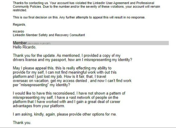 spin_tic's tweet photo. @LinkedInHelp 
This is insane after having a LinkedIn account for more then 10 years, then I travel overseas for , and now I have my account restricted for "suspicious activity "

Fast forward,  I provided my government issued identity,  and now I am accused , wrongfully of this https://t.co/mpqR6ZAfFX