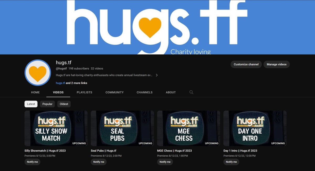 We'll be kicking off the unofficial #hugs23 watch party  Saturday from 12 BST

Join us in chat as we watch all of Hugs, but without the "d" word

The watch party will end around the time that we close donations on Sunday (donate @ hugs.tf)

youtube.com/@hugstf/videos